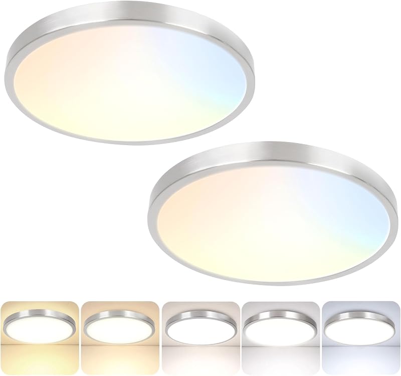 2-Pack 36W Dimmable LED Ceiling Light Fixture, 13 inch 3600lm Super Bright Modern Flush Mount Light Fixtures, 2700K/3000K/4000K/5000K/6500K Adjustable Brushed Nickel Ceiling Lamp for Bathroom Bedroom