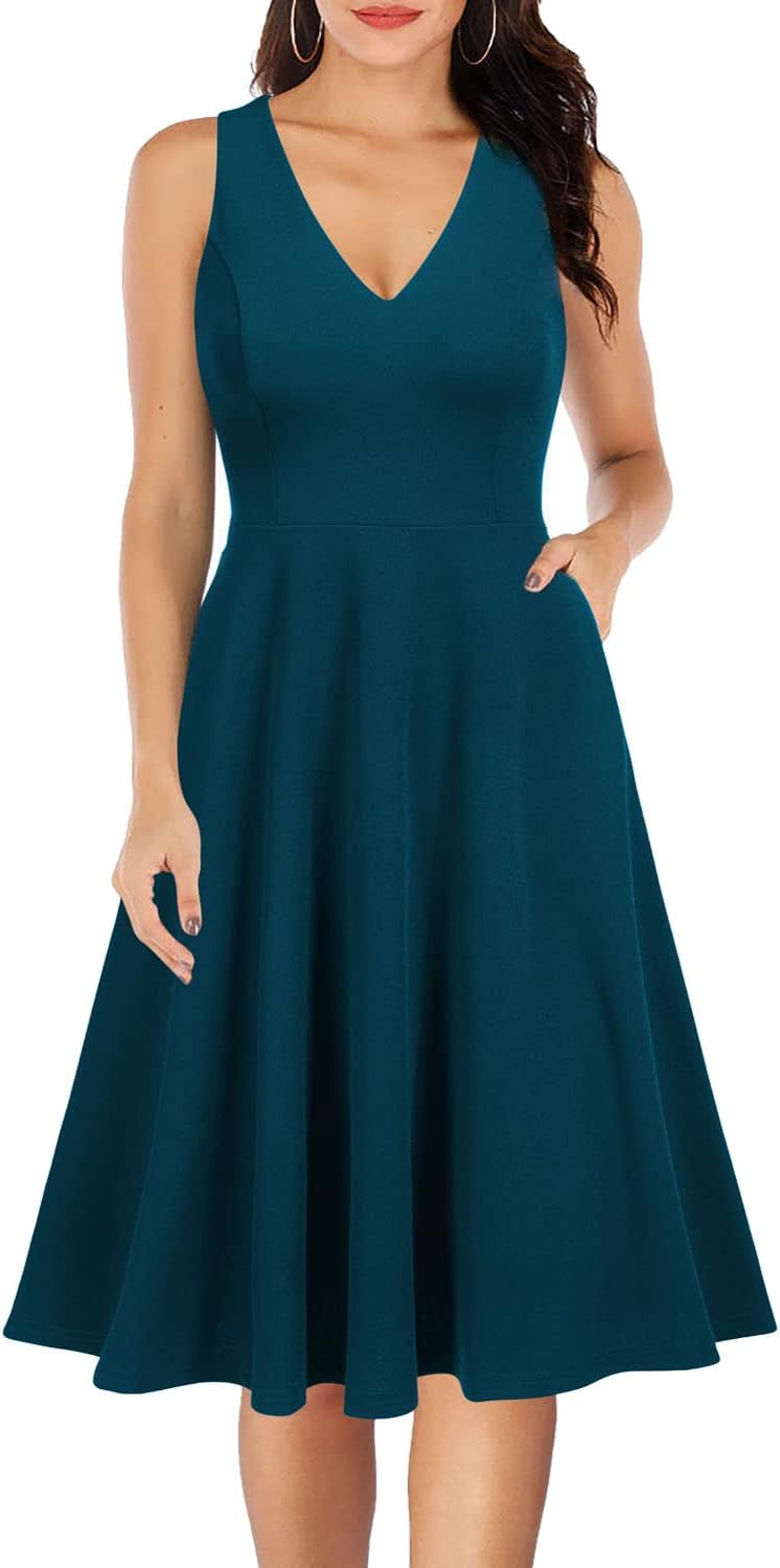 WOOSEA Women's Sleeveless V Neck Vintage Pockets Swing Business Church Dress