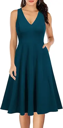 WOOSEA Women's Sleeveless V Neck Vintage Pockets Swing Business Church Dress