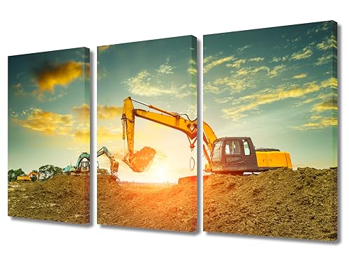 Excavator Prints for Wall Decor Excavator Machinery at Construction Framed Wall Art Posters & Prints 3 Panels Construction Site Paintings Giclee Print Gallery Packaging Artwork (36" Wx24 H)