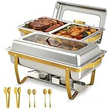 EffiQ-Rate 2 Stück Gold Chafing Dish Set, 9 QT Rechteckig Speisenwärmer Buffet Server mit Klarem Fenster, Edelstahl Wärmebehältermit für Speisen mit Utensilien für Kreise Catering Veranstaltungen