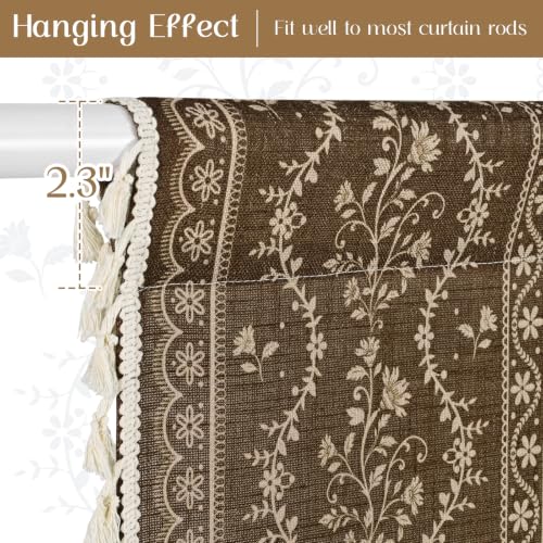 Image of Yinhua Boho Swag Valance Curtains Vintage Linen Valances for Windows Light Filtering Floral Kitchen Valance Rod Pocket Rustic Tassel Window Valances for Bathroom Cafe, 60 inch W x 36 inch L, Brown