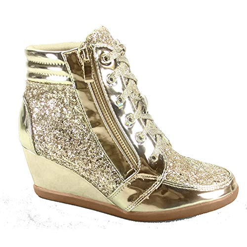Forever Link Peggy-44 Women's Fashion Glitter High Top Lace Up Wedge Sneaker Shoes