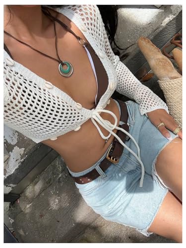 OYOANGLE Women's Tie Front Tops Conch Decor Crop V Neck Cardigan Bell Long Sleeve Hollow Out Cute Knit Crochet Cardigan4