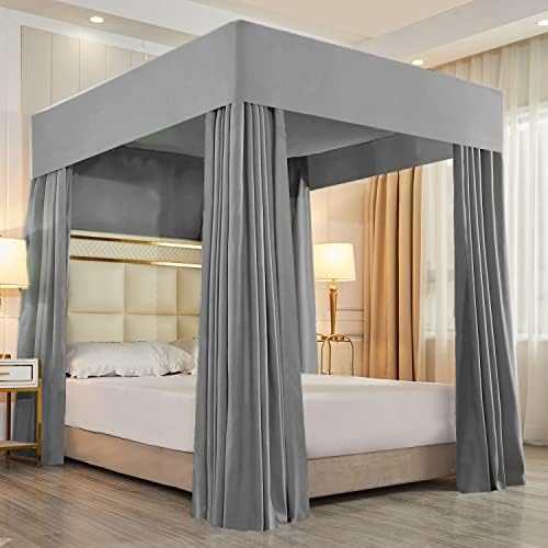 Mengersi Solid Four Corner Post Canopy Bed Curtains Sheer Cover Mosquito Net for Boys Kids Adults Bedroom Decoration (Queen, Gray)