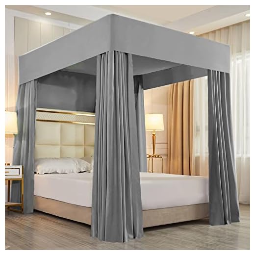 Mengersi Solid Four Corner Post Canopy Bed Curtains Sheer Cover Mosquito Net for Boys Kids Adults Bedroom Decoration (Queen, Gray)