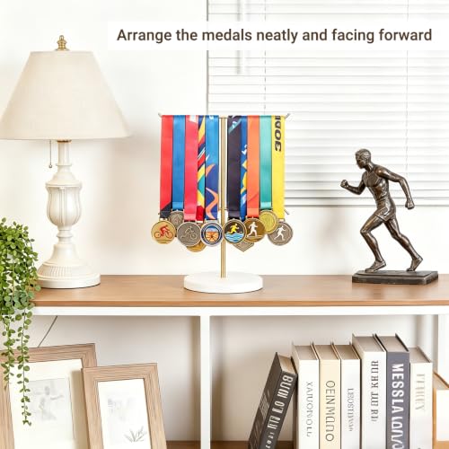 Image of Mkono Medal Hanger Display, Metal Medal Holder, Race Award Medals Display Stand for Running, Sports, Marathon, Wrestling, Taekwondo, Wood and Iron Material, 12x16 Inches (Gold and white)
