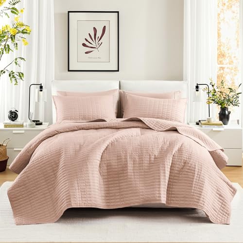 Comfort Spaces Kienna Quilt Set- Double Sided Stitching Design Summer Blanket, Lightweight, Soft, All Season Bedding Layer, Matching Sham, Blush, Coverlet Full/Queen(90"x90") 3 Piece
