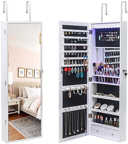 Giplar Jewelry Cabinet Wall-MountDoor-Hanging Armoire with Full Length Mirror 3-Layer Shelf 17 Cosmetic Brush Holders with Inner Mirror 8 Blue LED Light Jewelry Organizer-White Beauty , ioq8k-001