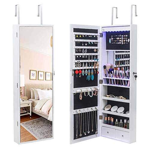 Giplar Jewelry Cabinet Wall-Mountdoor-Hanging Armoire With Full Length Mirror 3-Layer Shelf 17 Cosmetic Brush Holders With Inner Mirror 8 Blue Led Light Jewelry Organizer-White Beauty , Ioq8K-001 #TOP24