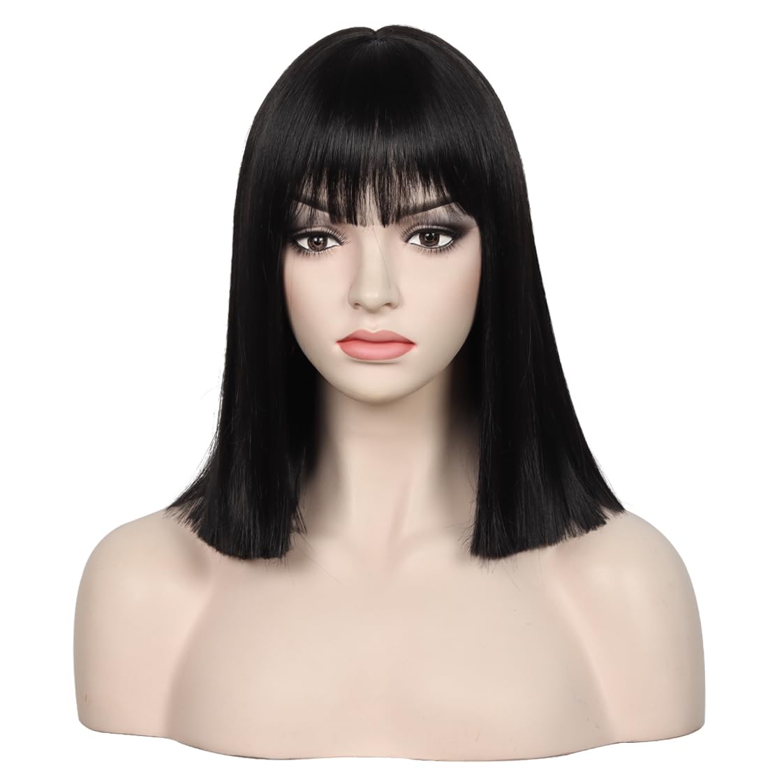 WildCos Short 14 Inches Colorful Bob Wigs Heat Resistant Fiber Synthetic Wigs Straight Hair With Bangs for Women (Black) - Image 2