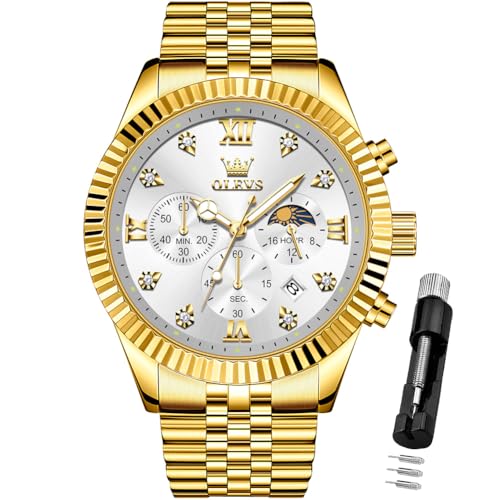 Image of OLEVS Mens Watches Chronograph Luxury Dress Moon Phase Quartz Stainless Steel Waterproof Luminous Business Calendar Wrist Watch