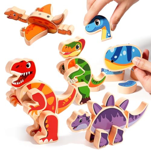 INIFEIDALA Magnetic Dinosaur Building Toys,Wooden Take Apart Dinosaur Blocks Playset,STEM Montessori Educational Fine Motor Skill Learning Birthday for 3 4 5 6+ Years Old Boy Girl Kids