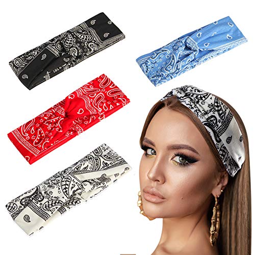 Paisley Headbands for Women, Criss Cross Head Wrap Hair Band,Wide Bandana Vintage Head Wrap?Knot Hair Band Turban Hair Accessories for Women/Girls - 4 Pcs of 1 Pack