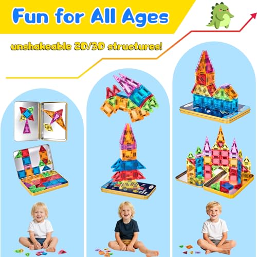 Image of Magnetic Tiles Magnetic Blocks Building Toy: Portable Mini Magnetic Tiles Travel Set 48 Pieces Montessori Toys Birthday Gift for Kids Girls and Boys Ages 3-12 Years Old Preschool Classroom Must Haves