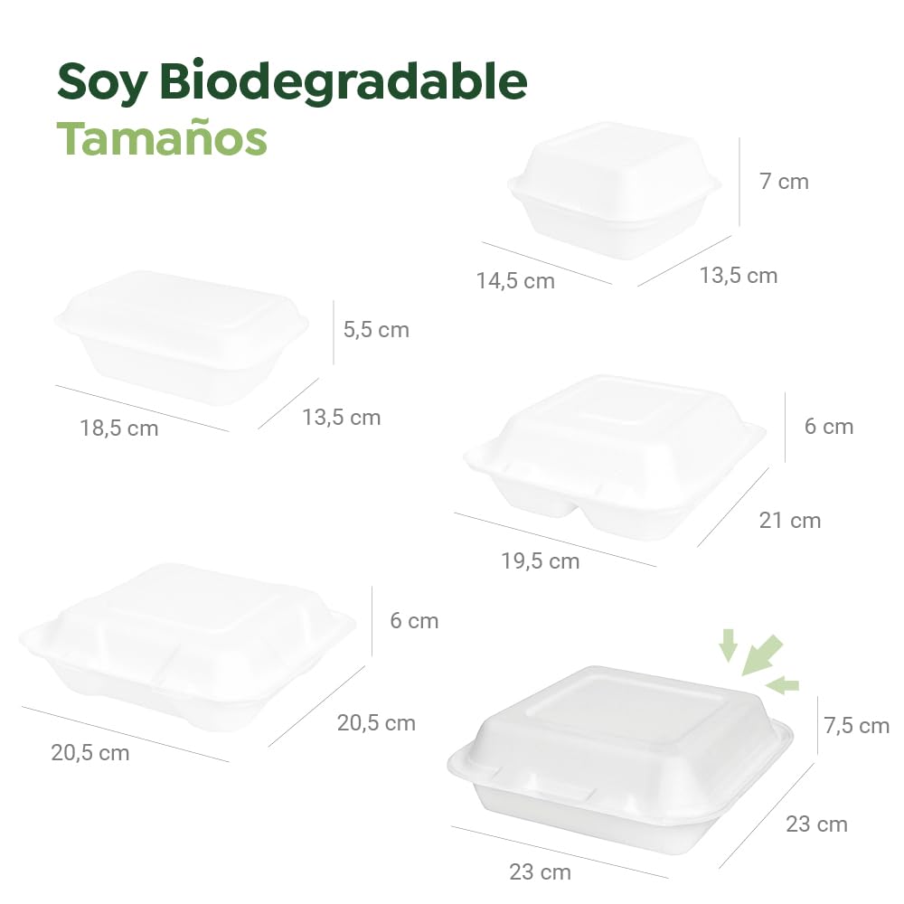 MAXI PRODUCTS - Envase Caña de Azúcar Comida para Llevar - Envase Hamburguesa y Portamenús - Táper con Compartimentos para Comida - APTO PARA MICROONDAS (23 x 23 x 6 cm, 50 unidades)