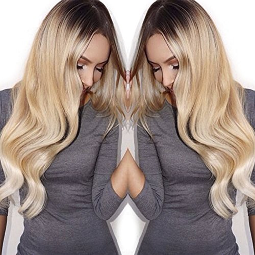 NiceToBuy Glueless #2/#24 Brown to Natural Blonde Ombre Color Wavy Lace Front Wig Brazilian Virgin Human Hair Wigs for Women 18 inches