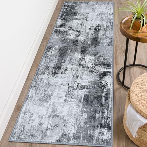 KOZYFLY Modern Abstract Runner Rug 2x6 Washable Grey/Black/Black Runners for Hallways Kitchen Runner Rug Non Slip Carpet Rug Runner Laundry Mat with Soft Low Pile for Entryway Bathroom Bedroom Kitchen