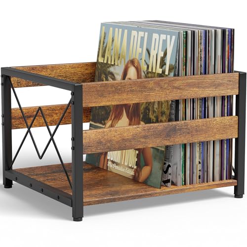 Y&M Vinyl Record Storage Crate, Wooden Storage Box, Classic Cube CD Albums Shelf Holder Organizer, Holds Up to 100+ Records, Magazine Rack for Desktop, Home, Office, Brown