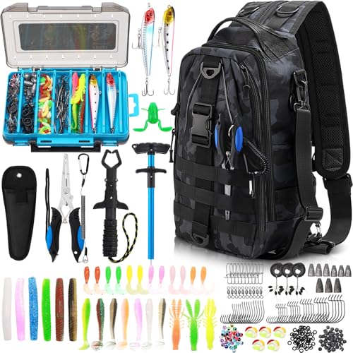 Soulchen 255 Pcs Fishing Backpack with Tackle Boxes and Gears Tackle Sling Bag Backpack with Fishing Hooks, Lures, Pliers, Lip Gripper, Hook Remover, Fish Gifts for Men