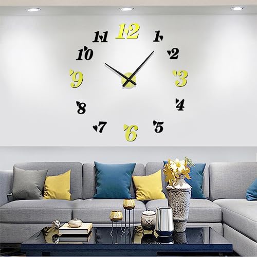 Meyiert Modern Mute DIY Frameless Large Wall Clock 3D Mirror Effect Acrylic Sticker Metal Big Watches Wall Clock (Black Gold) - Image 2