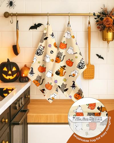 Image of Miss Adola 150GSM Flour Sack Kitchen Towels Set of 2, Spooky Cats | 18 inchx26 inch, Lightweight, Lint-Free, Pure Cotton, Decorative, with Hanging Loop, Absorbent, Softer after Wash, Giftable Package