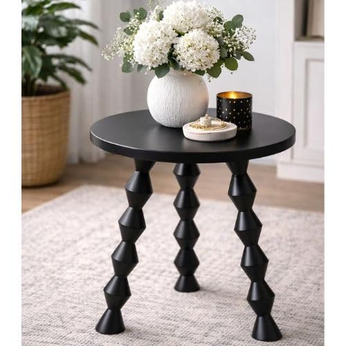 Image of Decor Corner Table Coffee Table Side Table, Round Solid Wood End Table Coffee Table Flower Stand Sofa Side for Living Room Balcony -Black