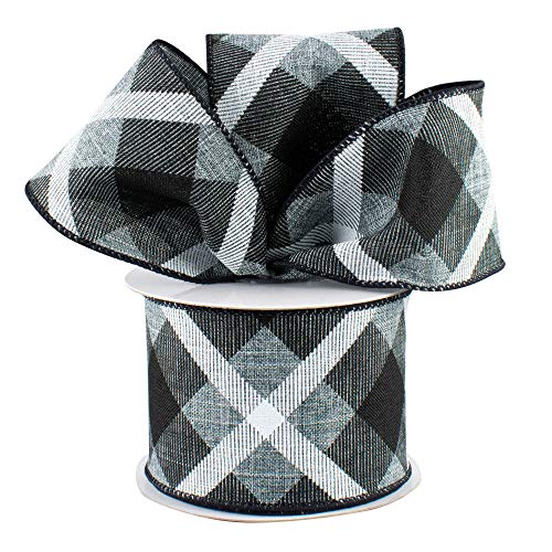 Image of Grey Black White Plaid Ribbon - 2 1 /2 inch x 10 Yards, Christmas Decorations, Decor for Wreaths, Garlands, Bows, Winter, Boxing Day, Fundraiser, School Dance