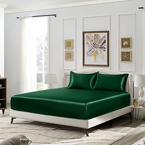 Image of SiinvdaBZX 3-Piece Set Satin Full Fitted Sheet & 2 Pillowcase, Emerald Green Silky Soft Fitted Bottom Sheet, Wrinkle Free, Fade Resistant, Deep Pocket Bed Sheet (Deep Up to 15 inch)
