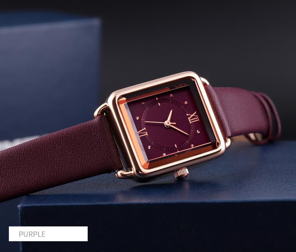 Women Quartz Watch Lady Stylish Rectangle Dress Watch with Leather Strap and Blue Crystal Crown - Image 9