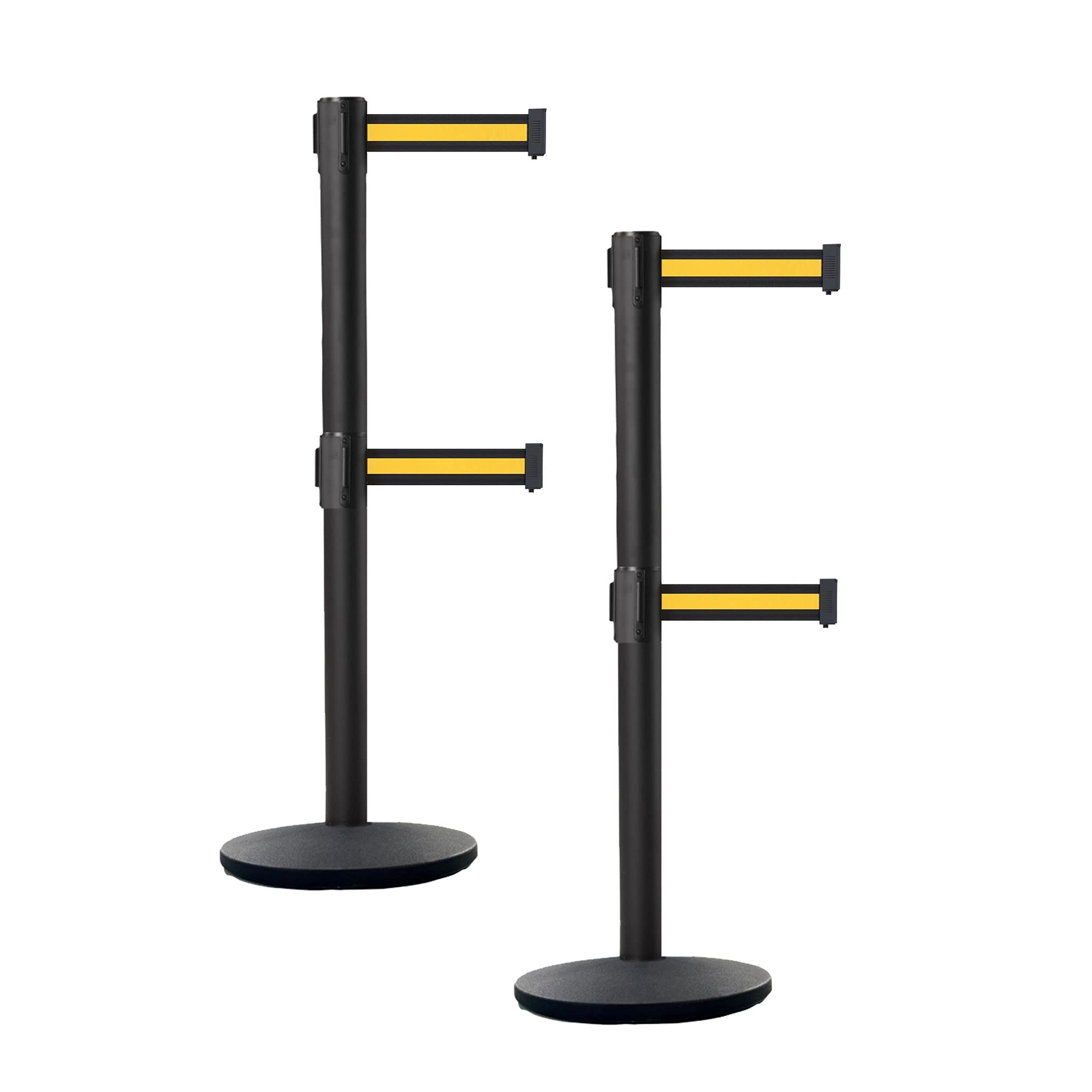 Crowd Control Warehouse CCW Set of 2 Dual Retractable Belt Barrier Stanchion, Cast Iron Base Black Post, IRBB-100D (11 Belt, Black with Yellow Horizontal Stripe Belt)