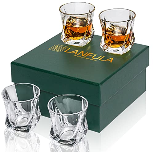 Scotch Whiskey Glass 7oz, LANFULA Bourbon Glasses Set of 4 In Gift Box. Rocks Barware for Irish Whisky Rum Old Fashioned Cocktail Snifter - Unique Lowball Bar Tumblers for Men Dad - Crystal Glassware