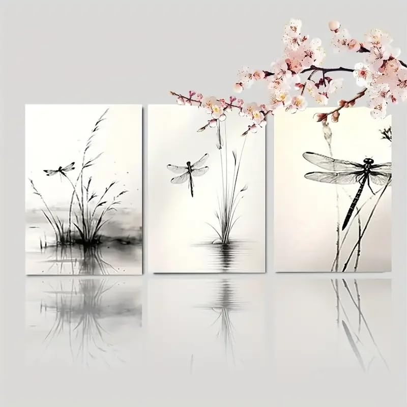 MAIMANG 3 szt. Dragonfly Wall Art Large Inches Inspired Triptych Painting with Black Wall Decoration (50x70cmx3/internal frame)
