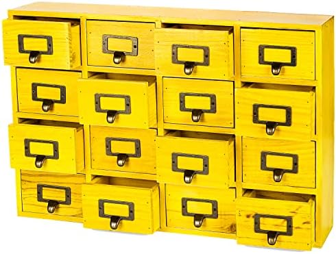 Yellow 16-Slot Wooden Drawer Unit - Country Style Desk Organizer - 20"x3.6”x14” Wooden Storage Box w/ 16 Drawers - Countertop Organizer Drawers w/ Label Holder & Handle - Slim 4-Level Desk Organizer