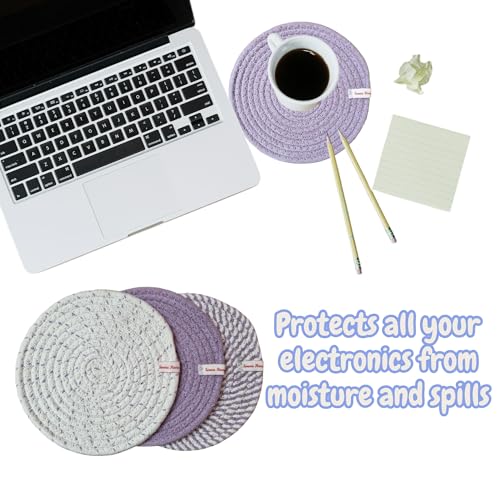 Image of SereneHomes Round Cotton Trivets for Hot Pots - Dining Table Accessories | Heat Resistant Pads & Kitchen Slab Mats | Set of 3 Fancy Kitchen Coasters (Lavender, 18 cm)