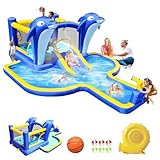 BKNROIHB 8 in1 Inflatable Slide Water Park Trampoline Bouncing House Outdoor Garden with Dolphin Sprinkler & Target Games & Water Gun & Basketball