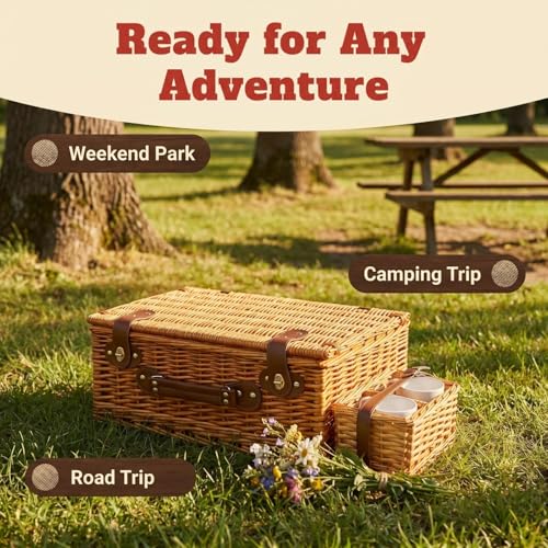 Image of Multifunctional Wicker Picnic Basket Set for 2 Adults with Picnic Table and Blankets,Large Insulated Picnic Set with Wine Pouch and Full Tablewares for Camping Outdoor Couples Beach Wedding,Pink
