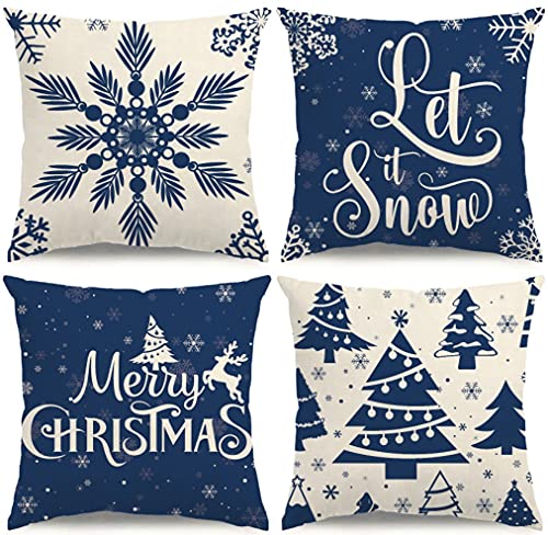 KISVODS Christmas Pillow Covers 18x18 Blue Christmas Decorations Snowflake Throw Pillow Covers Xmas Tree Winter Holiday Decor Cushion Case for Sofa Couch Set of 4