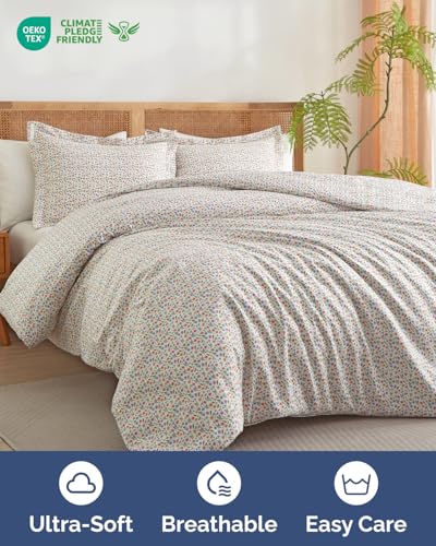 Image of Duvet Cover Cal King Size Set - Extra Soft Floral Duvet Cover 104 x 98 with 2 Pillow Shams - Comfy, Breathable Floral Bedding Set - Hotel Luxury & Fade Free with Zipper Closures & Ties - Spring Garden