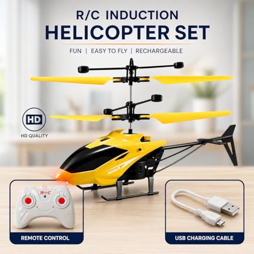 Image of Gravity Sensor Helicopter Toy for Boys with Safety Sensor, Indoor Palm Sensing, Rechargeable with LED Lights I Pack of 1 | For Kid (Yellow Colour)