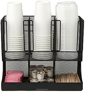 Mind Reader 6 Compartment Upright Breakroom Coffee Condiment and Cup Storage Organizer, Black Metal Mesh
