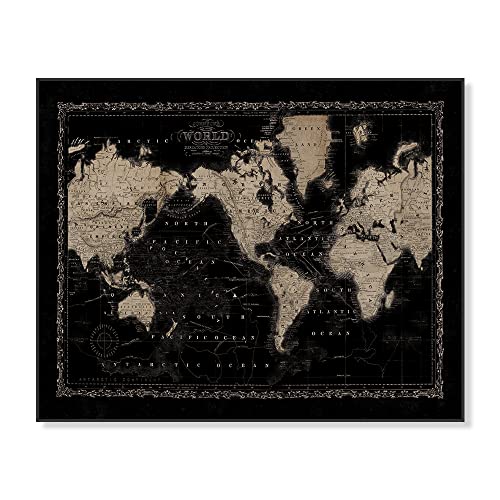 Vintage World Map Wall Art - Retro Nautical Map Wall Decor - Black And White Art Deco World Map For Bedroom Home Office Classroom Living Room - Adventure Picture Poster Print Painting - Gifts For Men #TOP23
