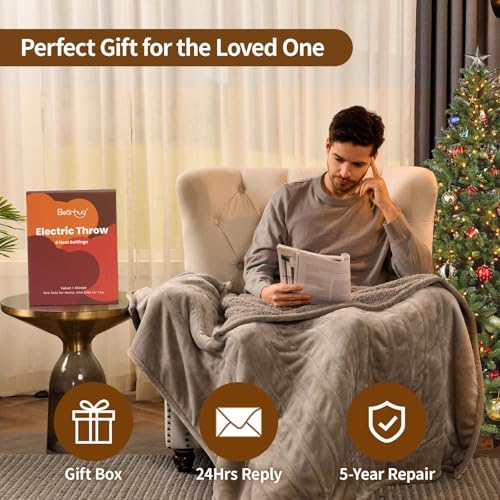 Image of Bearhug Electric Blanket Twin Size, 90F-108F Fast Heating Throw with 10 Heat Levels & 1-12H Auto Shut-Off, Machine Washable Soft Velvet and Sherpa Heated Blanket for Bed or Couch, Taupe