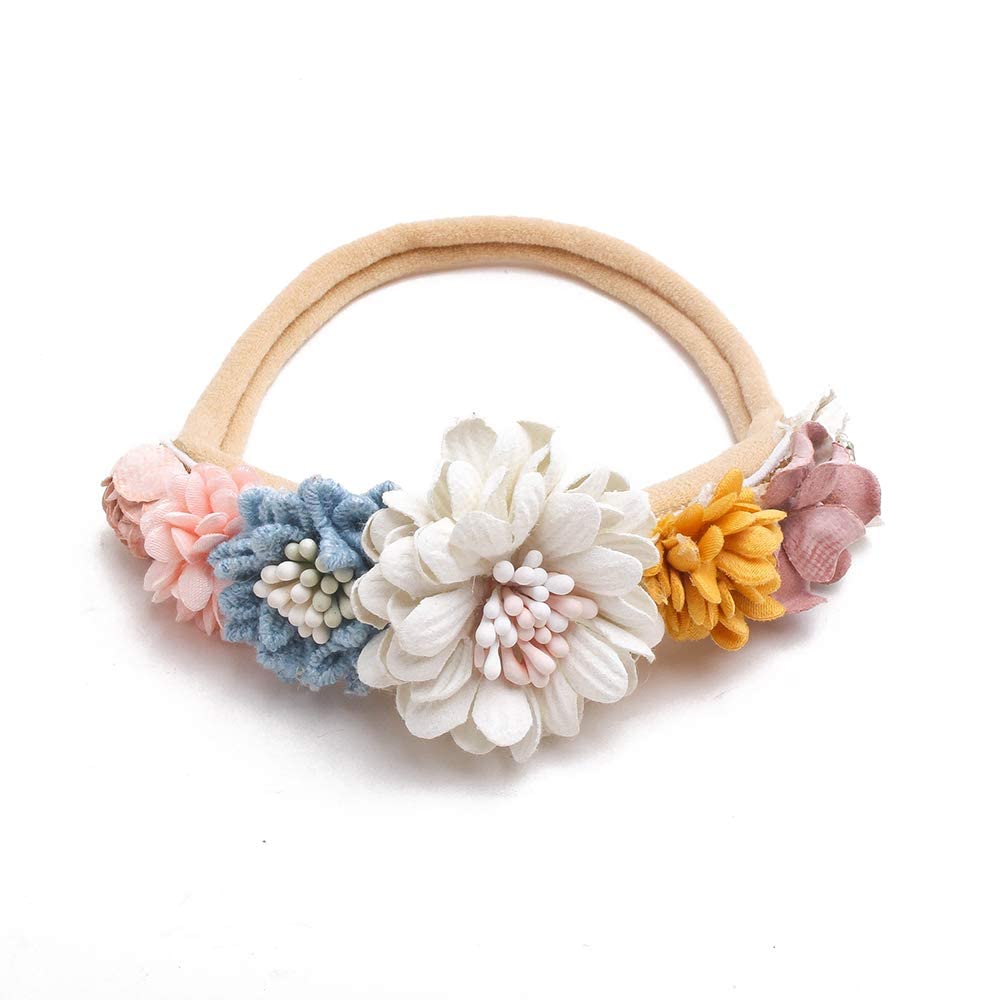 BAKEFY - 3 Pcs Baby Flower Headbands Baby Girls Nylon Headbands Soft Hairbands Hair Accessories for Newborn Infant Toddler Kids（Beige Pink marron ）-image-1