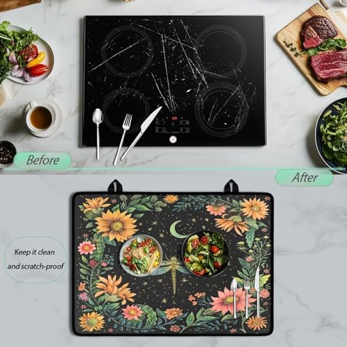 Image of Poceacles Glass Top Stove Cover for Electric Stove, Foldable Cooktop Protector Multipurpose Mat Washer Dryer Top Protector Kitchen Decor Accessories, Dragonfly Moon Flower