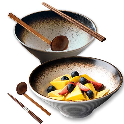 Whitejianpeak 2 cuencos japoneses de cer�mica, 9 pulgadas, con palillos y cuchara, ensaladera, cuenco Udon para cereales, pasta, Soba, Phoo, pasta asi�tica