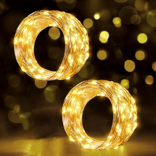 Ollny Fairy Lights Battery Operated - 2 Packs 10m 100 LEDs String Lights for Bedroom, Waterproof Micro Cooper Wire Fairy Lights for Indoor/Outdoor/Outside/Bottle/Tree Decorations(Warm White)