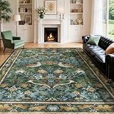 Washable Floral Bird Rugs - Vintage Botanical 8x10 Area Rugs for Living Room, Low-Pile, Stain-Resistant Rugs Non-Slip for Bedroom Under Bed,Large Soft Dining Room Decor Carpet, Green