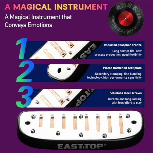 East Top 8 Hole Blues Harmonica, C Key Diatonic mouth organ for adults and students Silver, SILVER-C - Image 3