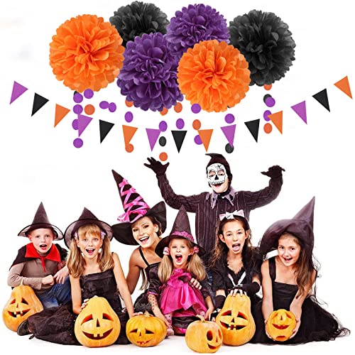 Image of Black Purple Orange Halloween Party-Decorations - 23pcs Tissue Pom Poms Streamers,Tassel Garland Banner,Graduation 2026 Birthday Wedding Baby Bridal Shower Decor Bunting Lasting Surprise